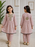 Baby Pink Girls Printed 2 Piece Suit with Embroidered Neck | Polo Cotton | Ages 4-9 Years