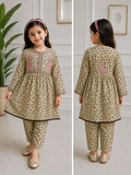 Girls Beige Printed Cotton Suit – 2 Piece Embroidered Kids Outfit (4–9 Years)