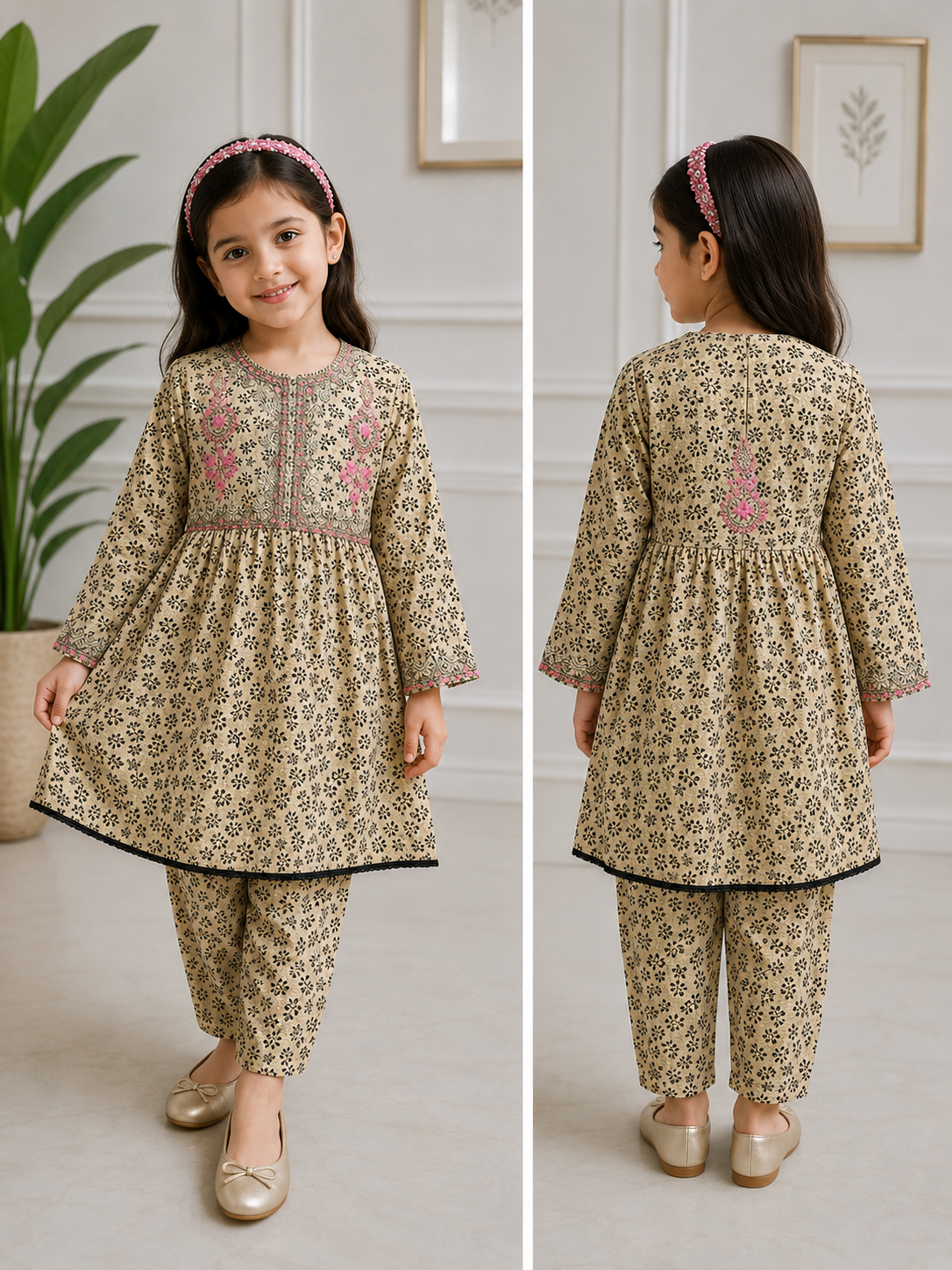 Girls Beige Printed Cotton Suit – 2 Piece Embroidered Kids Outfit (4–9 Years)