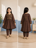 Chocolate Brown Girls Printed 2 Piece Suit with Embroidered Neck | Polo Cotton | Ages 4–9 Years