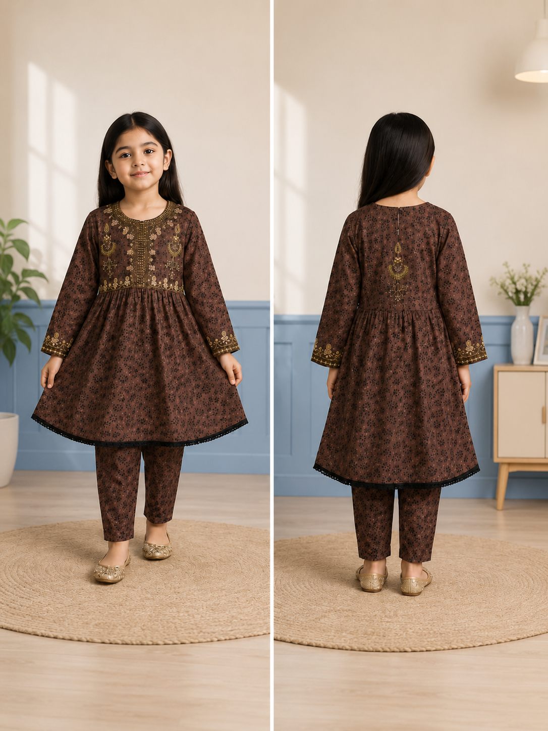 Chocolate Brown Girls Printed 2 Piece Suit with Embroidered Neck | Polo Cotton | Ages 4–9 Years