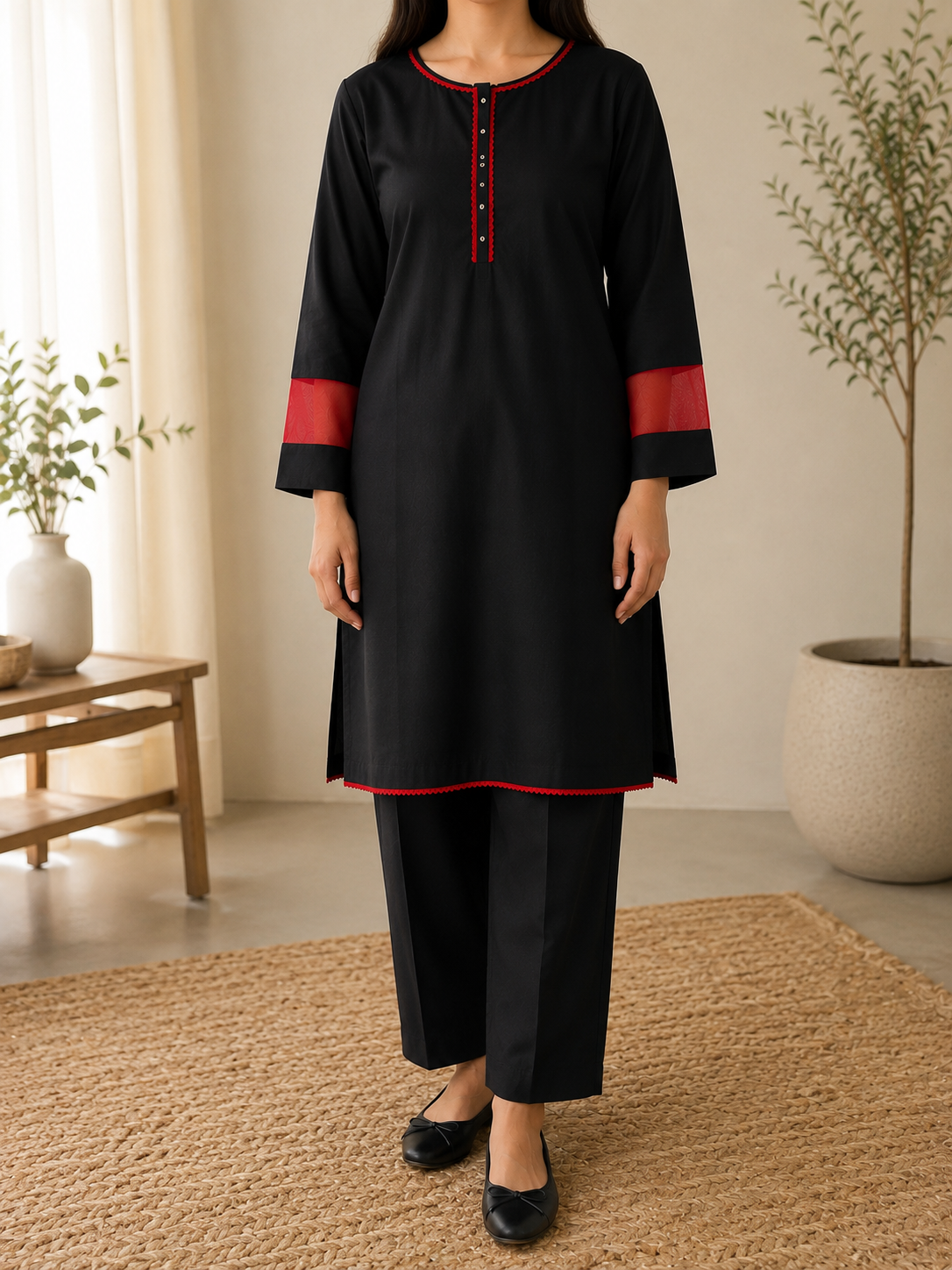 Noir Grace Women's Black Jacquard Cotton 2 Piece Suit | Premium Kurta & Trouser Set