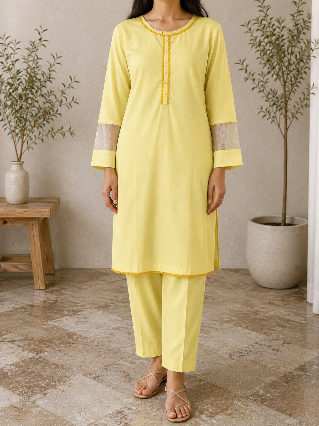 Golden Glow Jacquard Cotton 2 Piece Suit for Women – Soft Yellow Casual Wear