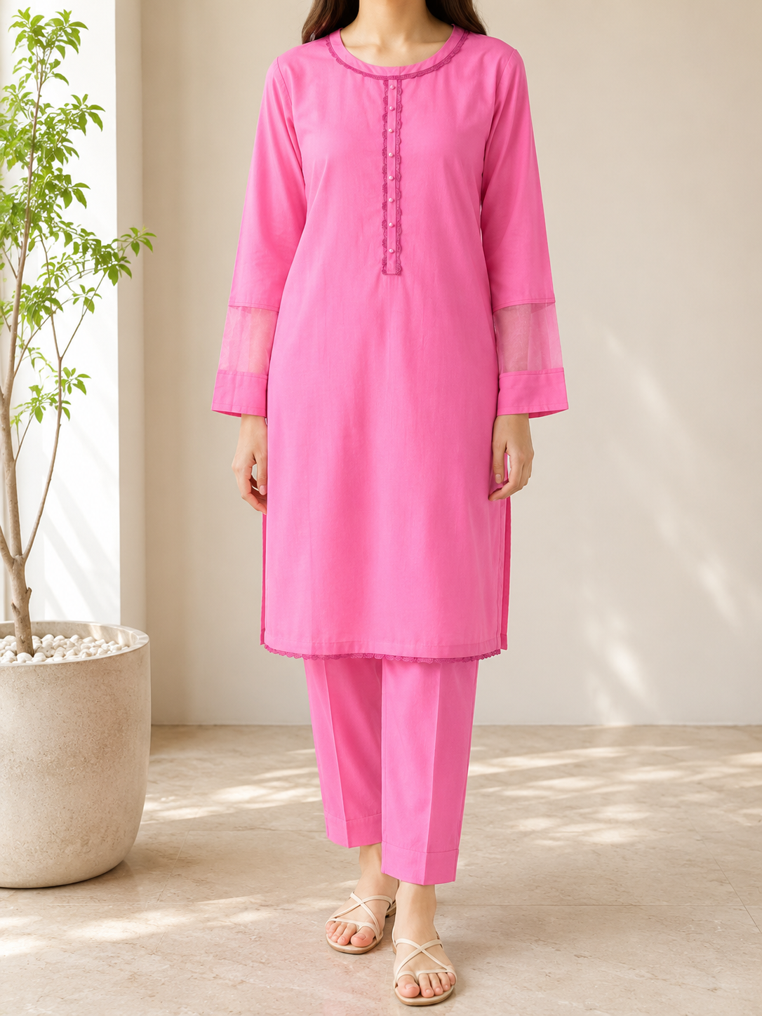 Blush Charm Pink Jacquard Cotton 2 Piece Suit for Women | Elegant Kurta & Trouser Set