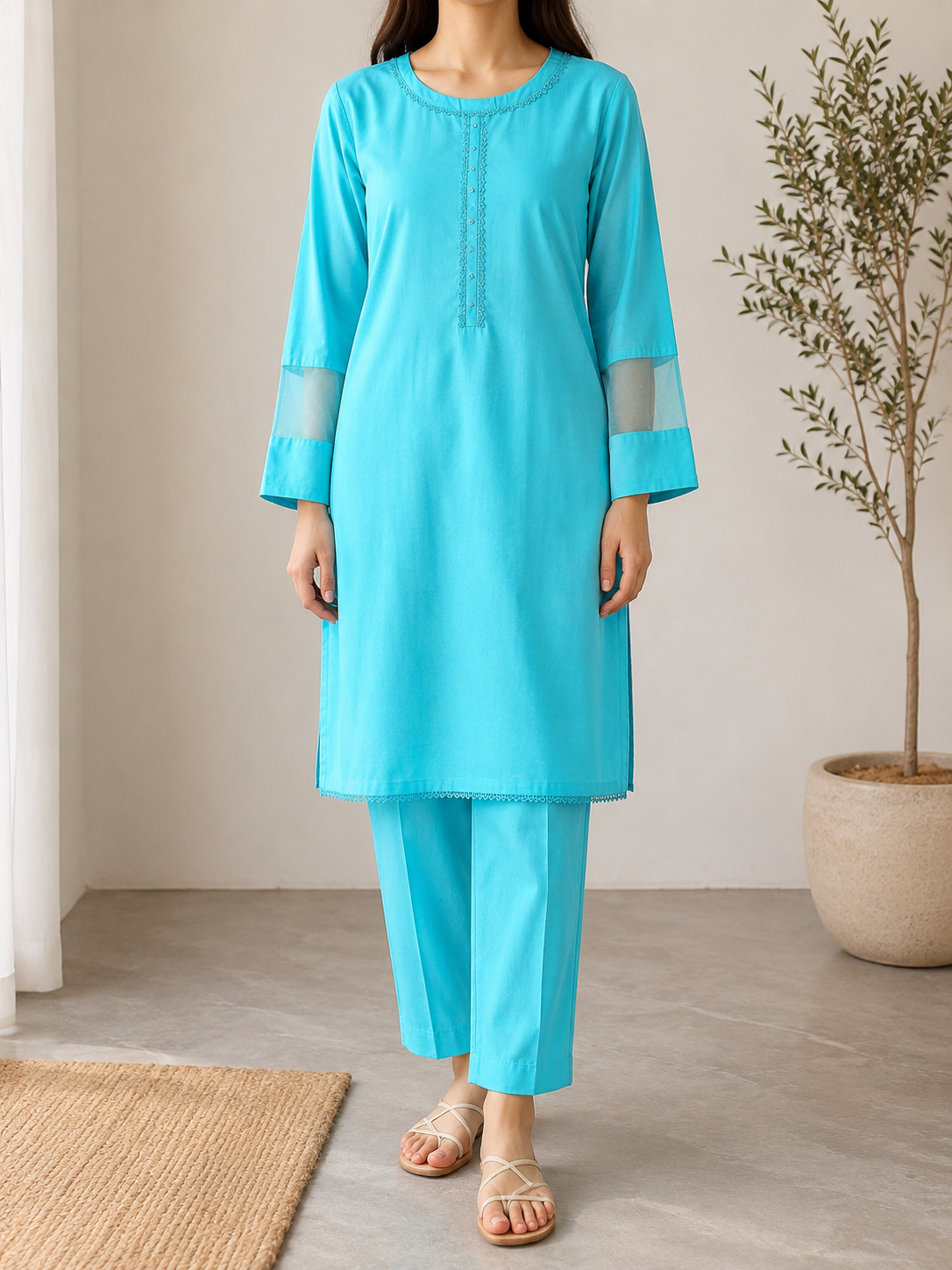 Aqua Elegance Sea Green Jacquard Cotton 2 Piece Suit for Women | Premium Kurta & Trouser Set