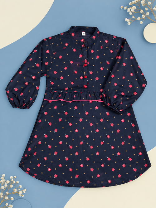 Black Floral Printed Frock Suit for Girls – 2 Piece Polo Cotton (4–9 Years)