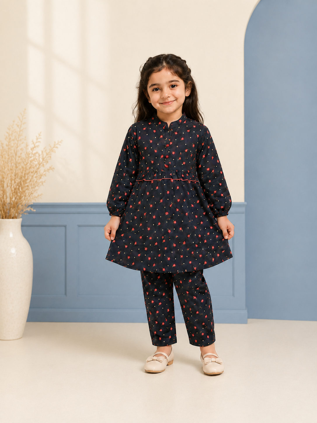 Girls Black Floral Printed Frock Suit (2 Piece) Polo Cotton Outfit (4–9 Years)