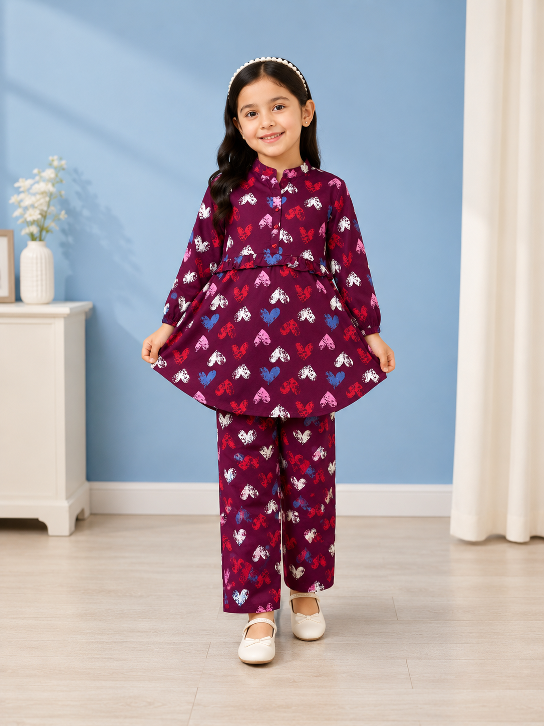 Girls Maroon Heart Printed Frock Suit – 2 Piece Polo Cotton Outfit (4–9 Years)