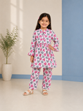 White Geometric Printed Frock Suit – 2 Piece Polo Cotton Girls Outfit (4–9 Years)