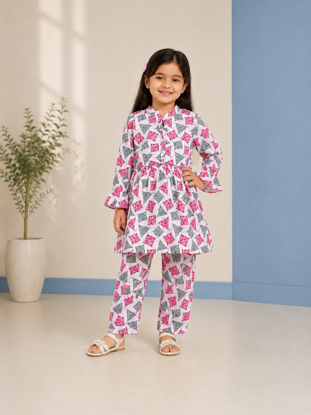 White Geometric Printed Frock Suit – 2 Piece Polo Cotton Girls Outfit (4–9 Years)