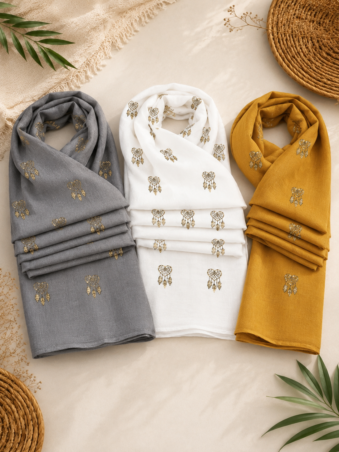 Luna Charm Women's Foil Printed Soft Viscose Stoller – Grey, White & Mustard