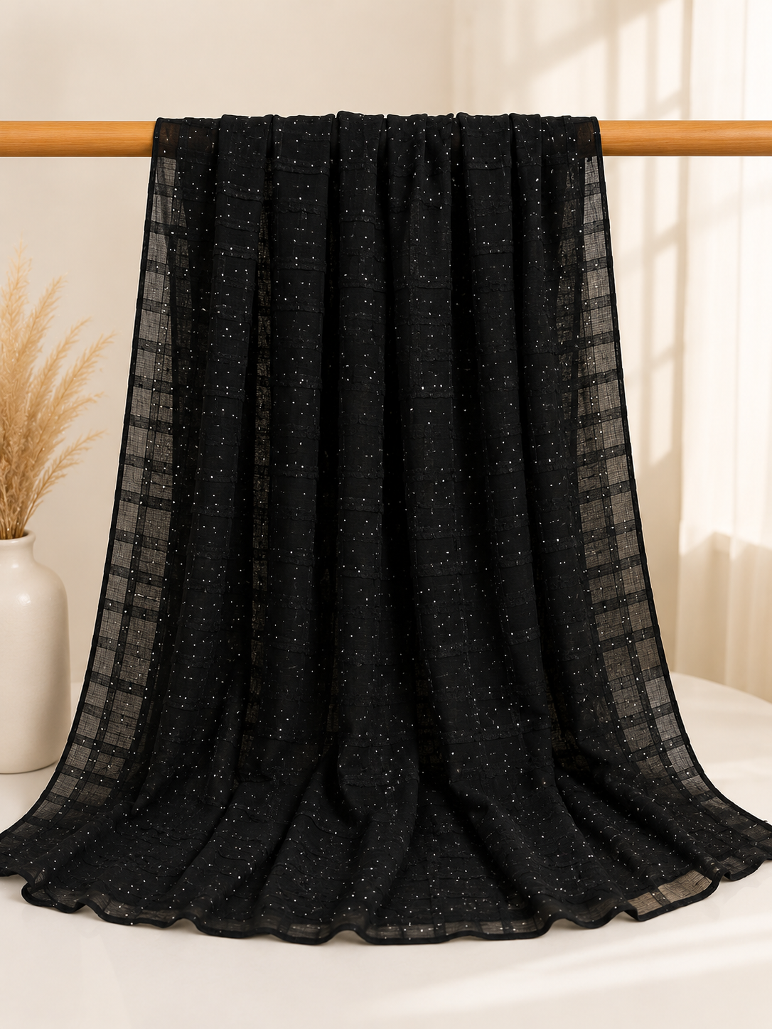 Black Luxe Crinkle Hijab – Lightweight Sparkle Wrap for Women
