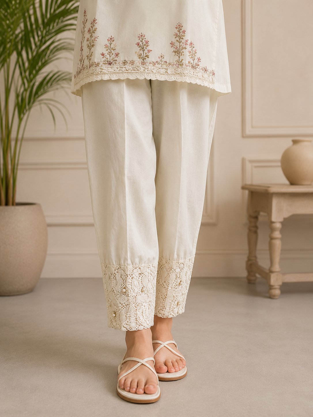 Elegant White Cotton Women's Lace Trouser